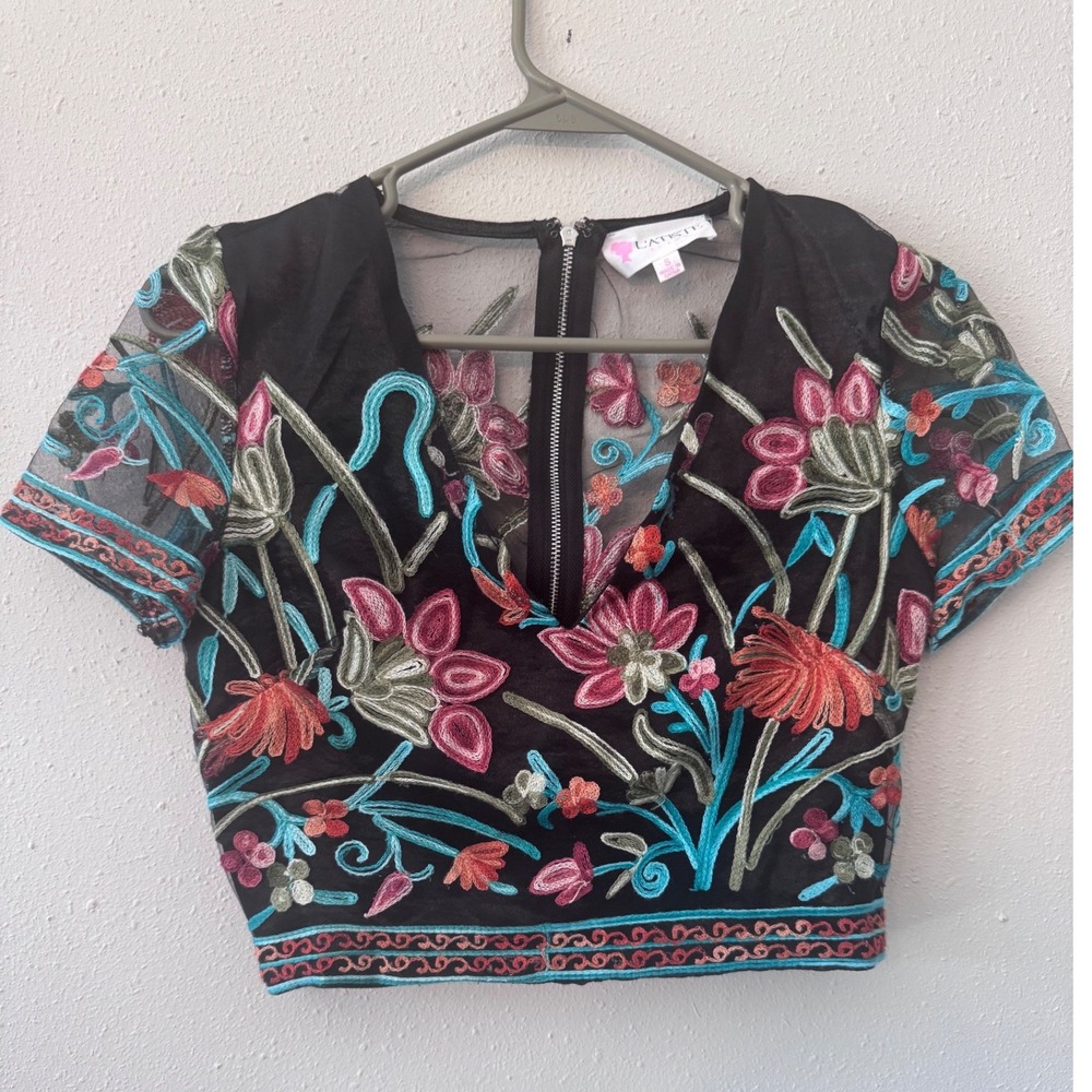 L'atiste byAmy Floral Embroidered Mesh Crop Top Black Sz S Whimsigoth Dark Fairy